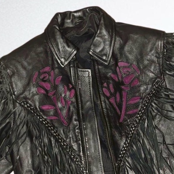 Vintage 90’s Geniune Leather Fringe Braided Rose Biker Jacket 💟 - Picture 4 of 6